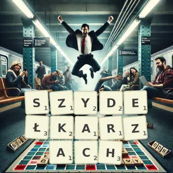 Kreatywna ilustracja do gry w Scrabble ze słowem SZYDEŁKARZACH ułożonym z płytek na planszy.