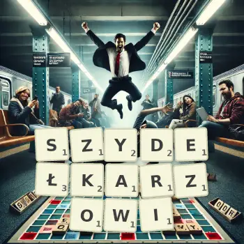 Kreatywna ilustracja do gry w Scrabble ze słowem SZYDEŁKARZOWI ułożonym z płytek na planszy.