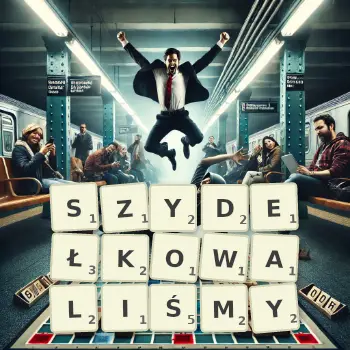 Kreatywna ilustracja do gry w Scrabble ze słowem SZYDEŁKOWALIŚMY ułożonym z płytek na planszy.