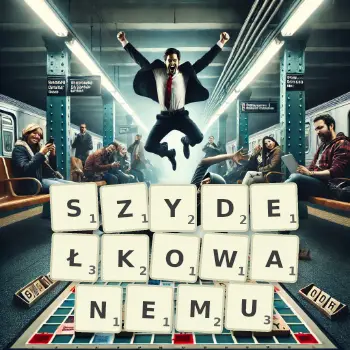 Kreatywna ilustracja do gry w Scrabble ze słowem SZYDEŁKOWANEMU ułożonym z płytek na planszy.