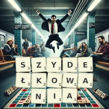 Kreatywna ilustracja do gry w Scrabble ze słowem SZYDEŁKOWANIA ułożonym z płytek na planszy.