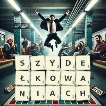 Kreatywna ilustracja do gry w Scrabble ze słowem SZYDEŁKOWANIACH ułożonym z płytek na planszy.