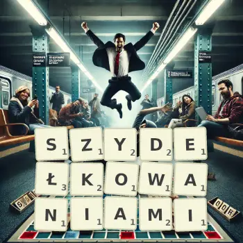 Kreatywna ilustracja do gry w Scrabble ze słowem SZYDEŁKOWANIAMI ułożonym z płytek na planszy.