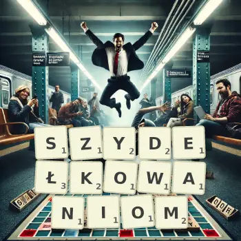 Kreatywna ilustracja do gry w Scrabble ze słowem SZYDEŁKOWANIOM ułożonym z płytek na planszy.