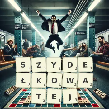 Kreatywna ilustracja do gry w Scrabble ze słowem SZYDEŁKOWATEJ ułożonym z płytek na planszy.