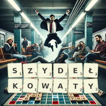 Kreatywna ilustracja do gry w Scrabble ze słowem SZYDEŁKOWATY ułożonym z płytek na planszy.