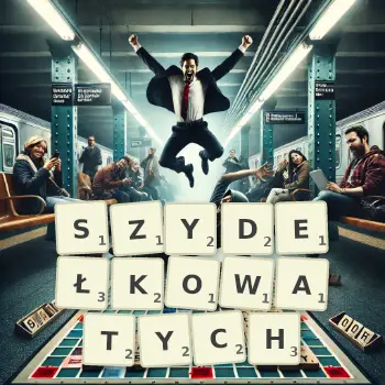 Kreatywna ilustracja do gry w Scrabble ze słowem SZYDEŁKOWATYCH ułożonym z płytek na planszy.