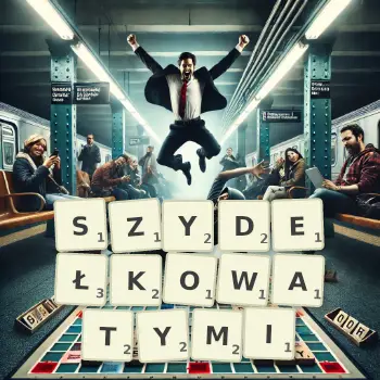 Kreatywna ilustracja do gry w Scrabble ze słowem SZYDEŁKOWATYMI ułożonym z płytek na planszy.