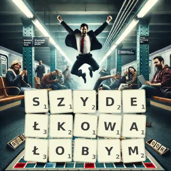 Kreatywna ilustracja do gry w Scrabble ze słowem SZYDEŁKOWAŁOBYM ułożonym z płytek na planszy.