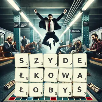 Kreatywna ilustracja do gry w Scrabble ze słowem SZYDEŁKOWAŁOBYŚ ułożonym z płytek na planszy.