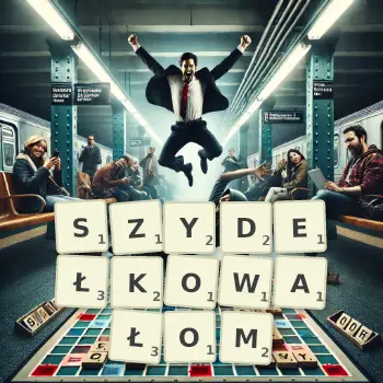 Kreatywna ilustracja do gry w Scrabble ze słowem SZYDEŁKOWAŁOM ułożonym z płytek na planszy.