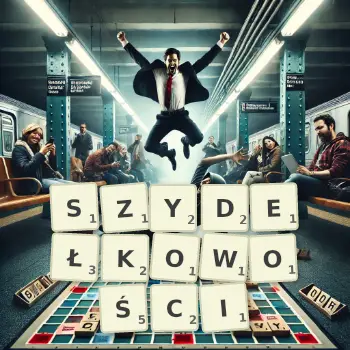 Kreatywna ilustracja do gry w Scrabble ze słowem SZYDEŁKOWOŚCI ułożonym z płytek na planszy.