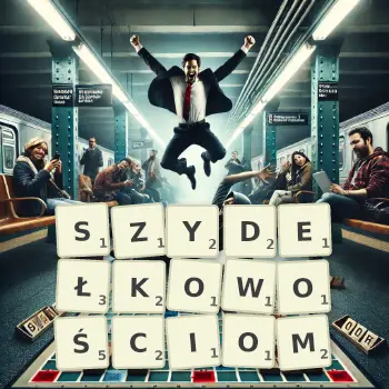 Kreatywna ilustracja do gry w Scrabble ze słowem SZYDEŁKOWOŚCIOM ułożonym z płytek na planszy.