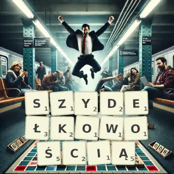 Kreatywna ilustracja do gry w Scrabble ze słowem SZYDEŁKOWOŚCIĄ ułożonym z płytek na planszy.