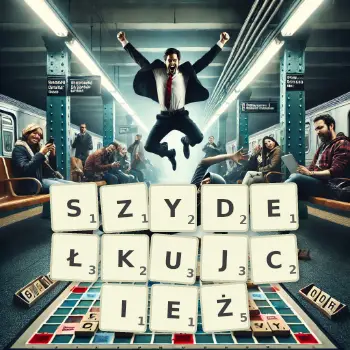 Kreatywna ilustracja do gry w Scrabble ze słowem SZYDEŁKUJCIEŻ ułożonym z płytek na planszy.