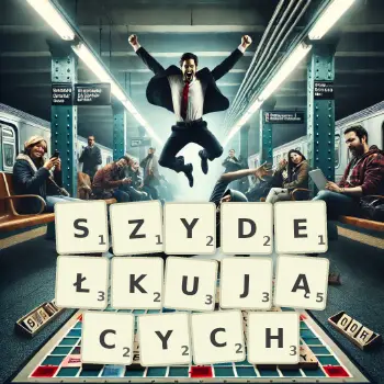 Kreatywna ilustracja do gry w Scrabble ze słowem SZYDEŁKUJĄCYCH ułożonym z płytek na planszy.