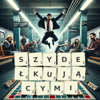 Kreatywna ilustracja do gry w Scrabble ze słowem SZYDEŁKUJĄCYMI ułożonym z płytek na planszy.