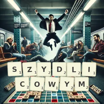 Kreatywna ilustracja do gry w Scrabble ze słowem SZYDLICOWYM ułożonym z płytek na planszy.