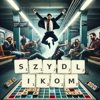 Kreatywna ilustracja do gry w Scrabble ze słowem SZYDLIKOM ułożonym z płytek na planszy.