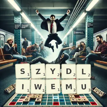 Kreatywna ilustracja do gry w Scrabble ze słowem SZYDLIWEMU ułożonym z płytek na planszy.
