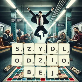 Kreatywna ilustracja do gry w Scrabble ze słowem SZYDLODZIOBEJ ułożonym z płytek na planszy.