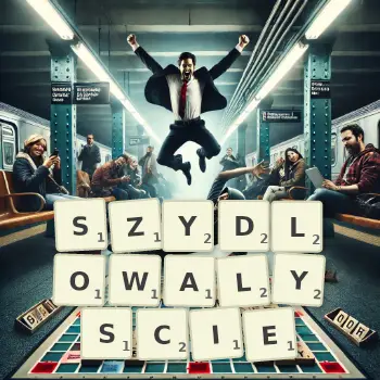 Kreatywna ilustracja do gry w Scrabble ze słowem SZYDLOWALYSCIE ułożonym z płytek na planszy.