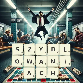 Kreatywna ilustracja do gry w Scrabble ze słowem SZYDLOWANIACH ułożonym z płytek na planszy.