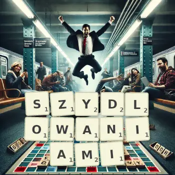 Kreatywna ilustracja do gry w Scrabble ze słowem SZYDLOWANIAMI ułożonym z płytek na planszy.