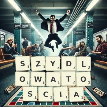 Kreatywna ilustracja do gry w Scrabble ze słowem SZYDLOWATOSCIA ułożonym z płytek na planszy.