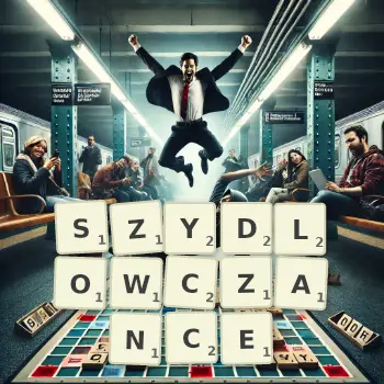 Kreatywna ilustracja do gry w Scrabble ze słowem SZYDLOWCZANCE ułożonym z płytek na planszy.