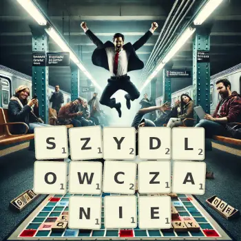 Kreatywna ilustracja do gry w Scrabble ze słowem SZYDLOWCZANIE ułożonym z płytek na planszy.