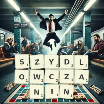 Kreatywna ilustracja do gry w Scrabble ze słowem SZYDLOWCZANIN ułożonym z płytek na planszy.