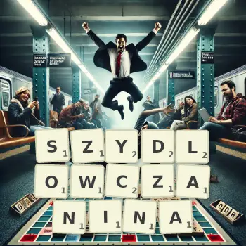 Kreatywna ilustracja do gry w Scrabble ze słowem SZYDLOWCZANINA ułożonym z płytek na planszy.