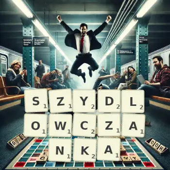 Kreatywna ilustracja do gry w Scrabble ze słowem SZYDLOWCZANKA ułożonym z płytek na planszy.