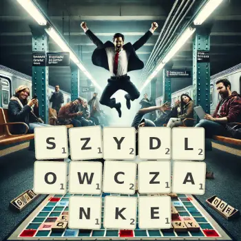Kreatywna ilustracja do gry w Scrabble ze słowem SZYDLOWCZANKE ułożonym z płytek na planszy.