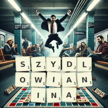 Kreatywna ilustracja do gry w Scrabble ze słowem SZYDLOWIANINA ułożonym z płytek na planszy.