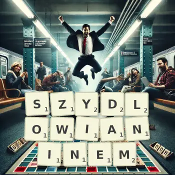 Kreatywna ilustracja do gry w Scrabble ze słowem SZYDLOWIANINEM ułożonym z płytek na planszy.