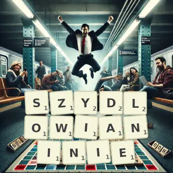 Kreatywna ilustracja do gry w Scrabble ze słowem SZYDLOWIANINIE ułożonym z płytek na planszy.