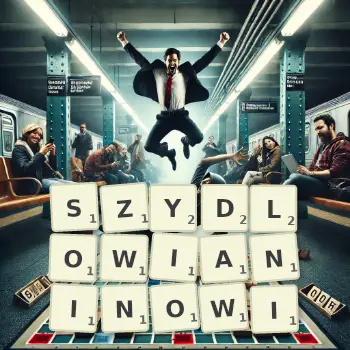 Kreatywna ilustracja do gry w Scrabble ze słowem SZYDLOWIANINOWI ułożonym z płytek na planszy.