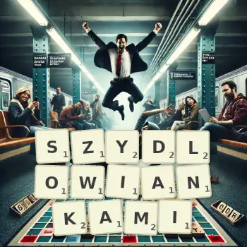 Kreatywna ilustracja do gry w Scrabble ze słowem SZYDLOWIANKAMI ułożonym z płytek na planszy.