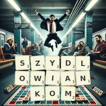 Kreatywna ilustracja do gry w Scrabble ze słowem SZYDLOWIANKOM ułożonym z płytek na planszy.