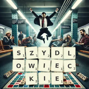 Kreatywna ilustracja do gry w Scrabble ze słowem SZYDLOWIECKIE ułożonym z płytek na planszy.