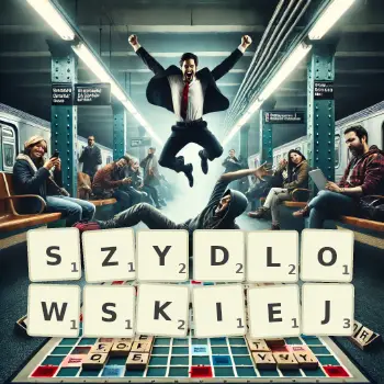 Kreatywna ilustracja do gry w Scrabble ze słowem SZYDLOWSKIEJ ułożonym z płytek na planszy.