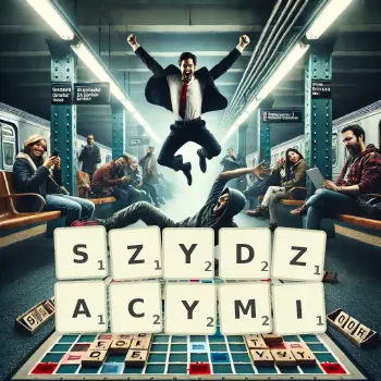 Kreatywna ilustracja do gry w Scrabble ze słowem SZYDZACYMI ułożonym z płytek na planszy.