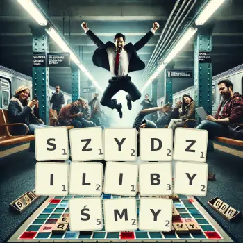 Kreatywna ilustracja do gry w Scrabble ze słowem SZYDZILIBYŚMY ułożonym z płytek na planszy.