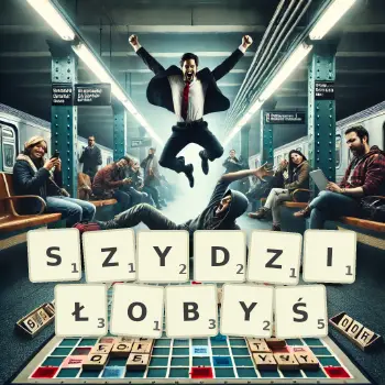 Kreatywna ilustracja do gry w Scrabble ze słowem SZYDZIŁOBYŚ ułożonym z płytek na planszy.