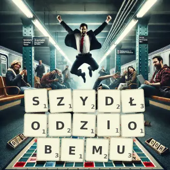 Kreatywna ilustracja do gry w Scrabble ze słowem SZYDŁODZIOBEMU ułożonym z płytek na planszy.