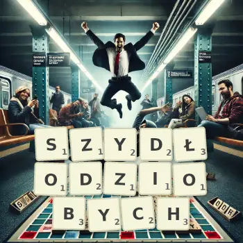 Kreatywna ilustracja do gry w Scrabble ze słowem SZYDŁODZIOBYCH ułożonym z płytek na planszy.