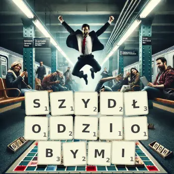 Kreatywna ilustracja do gry w Scrabble ze słowem SZYDŁODZIOBYMI ułożonym z płytek na planszy.