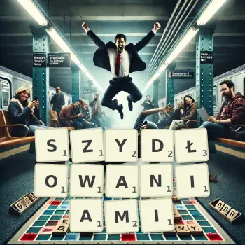 Kreatywna ilustracja do gry w Scrabble ze słowem SZYDŁOWANIAMI ułożonym z płytek na planszy.
